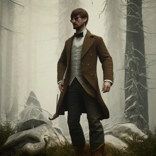 Full body, 3d render, Harry Potter 1800's men style, 1800's hair style, 1800's men clothes style, hunting, hyper realistic, octane render, unreal engine 5, 8k, palace background, uhd