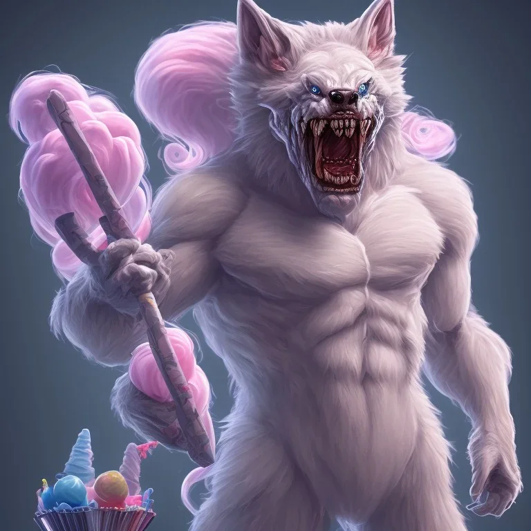 Muscular cotton candy werewolf made of candies and lollipops, sharp teeth, monstrous face, staring at you, drool dripping from its mouth