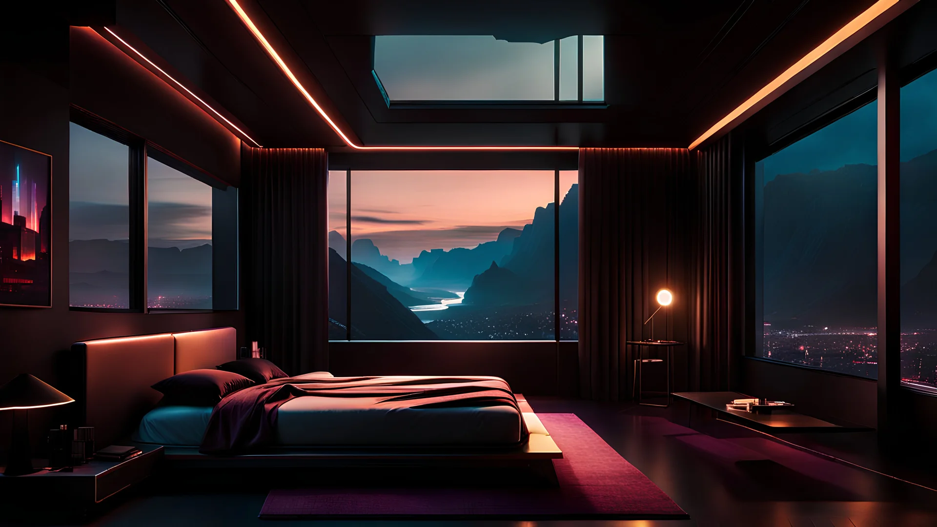inside a cyberpunk style bedroom, windows reveal distant cliffs, nighttime, night, dark and moody