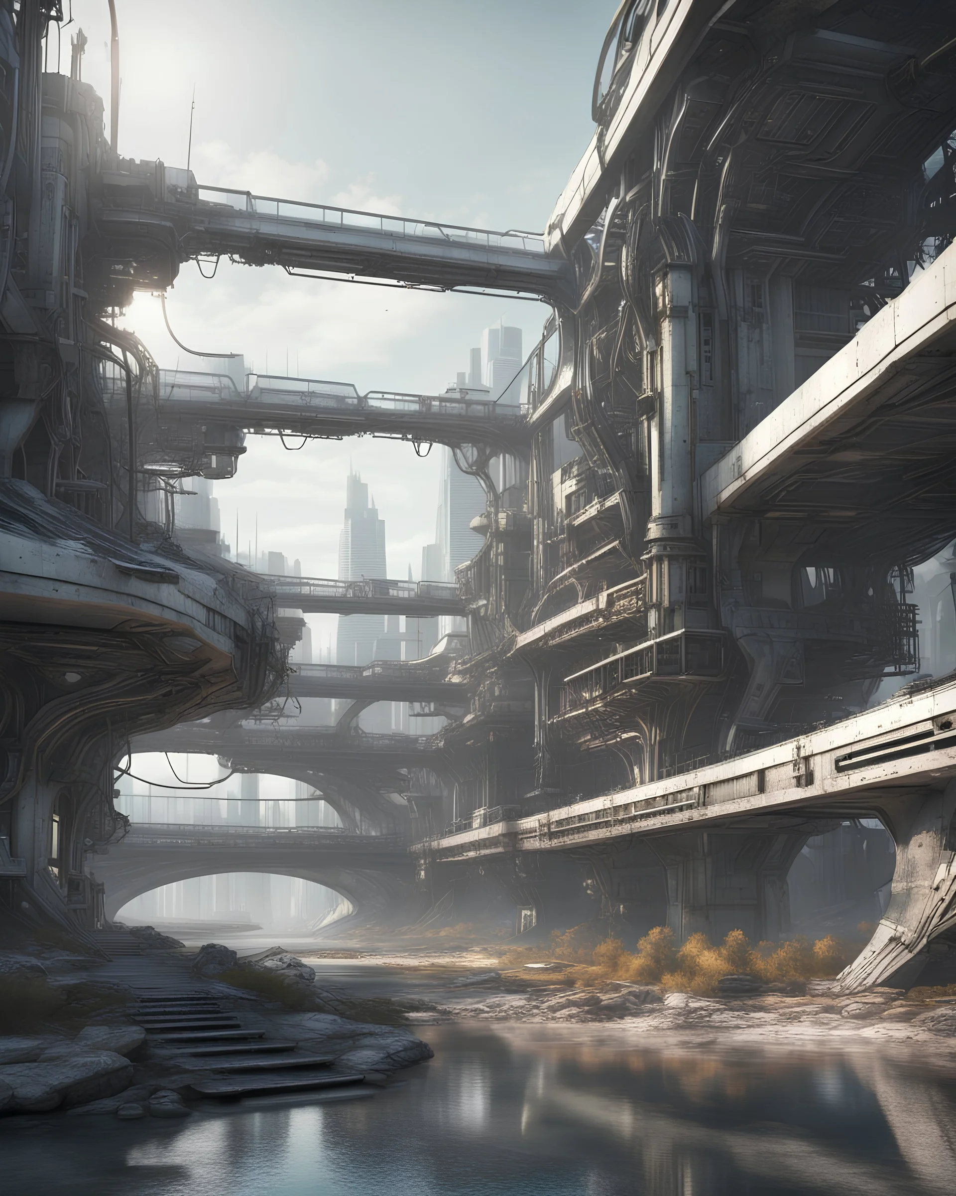 Futuristic building connected with bridge made with engine parts and wires dysoptia cyberage HAWKEN postapocalyptic dysoptia scene photorealistic uhd 8k VRAY highly detailed HDR