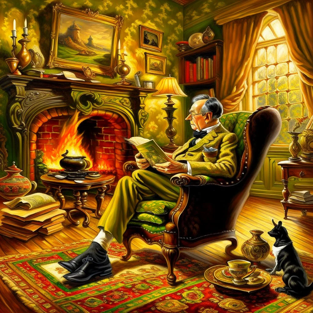 An English gentleman wearing a checkered tweed jacket, wearing slippers, sitting in a wing chair by the burning fireplace, listening to music emanating from an old gramophone, in the background an antique radio receiver standing on a dresser, a bookcase and an oil painting of Queen Victoria, realistic shot, taken indoors In yellowish light, nostalgic atmosphere, 12K