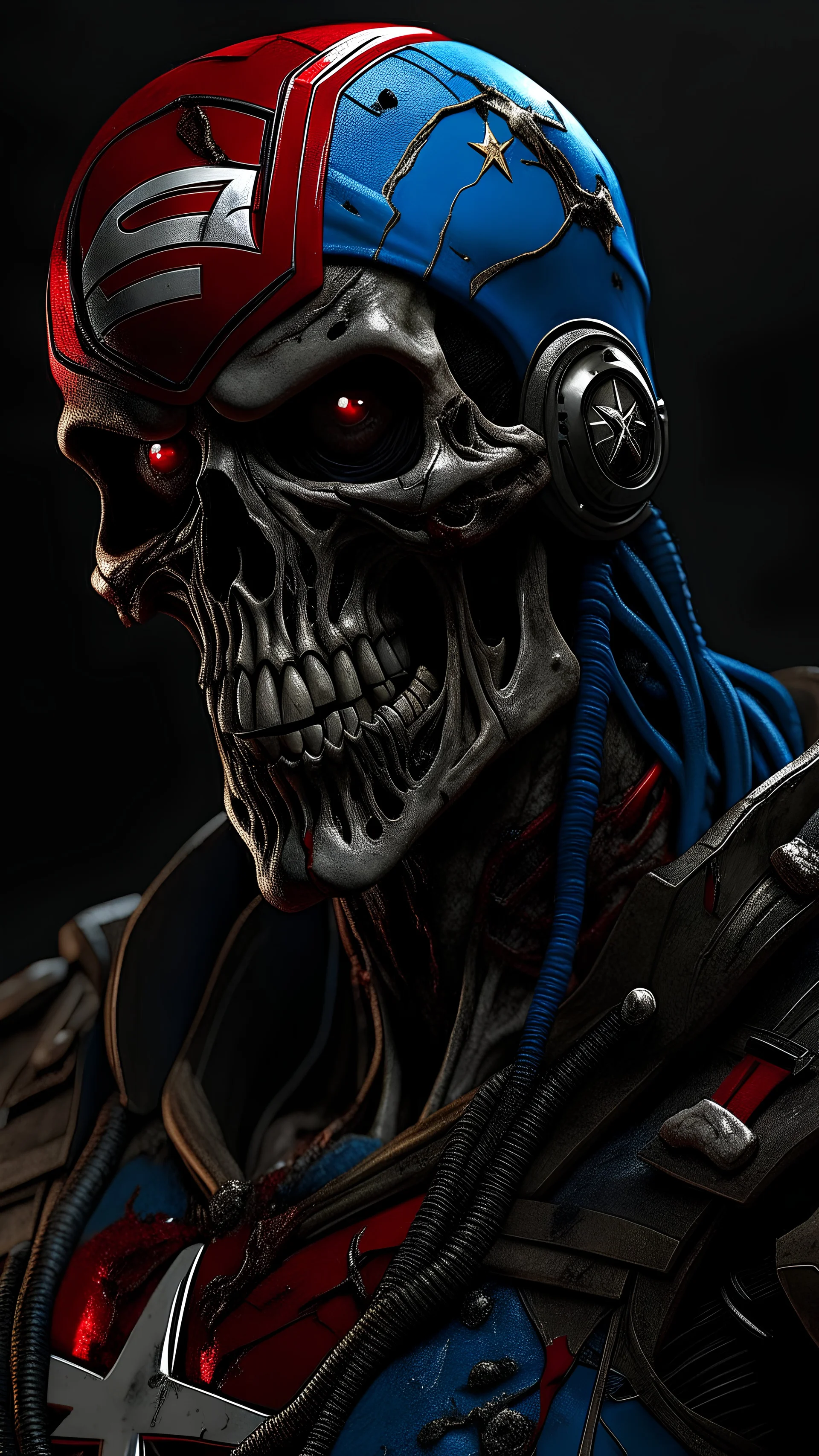 zombie captain america, rotten flesh, rotten teeth, bloody, red eyes , logo in tie ,walking dead, gothic style, apocalyptic, by Bernie Wrightson, perfect composition, beautiful detailed intricate insanely detailed octane render trending on artstation, 8 k artistic photography, photorealistic concept art, soft natural volumetric cinematic perfect light, chiaroscuro, award - winning photograph, masterpiece, oil on canvas, raphael, caravaggio, greg rutkowski, beeple, beksinski, giger