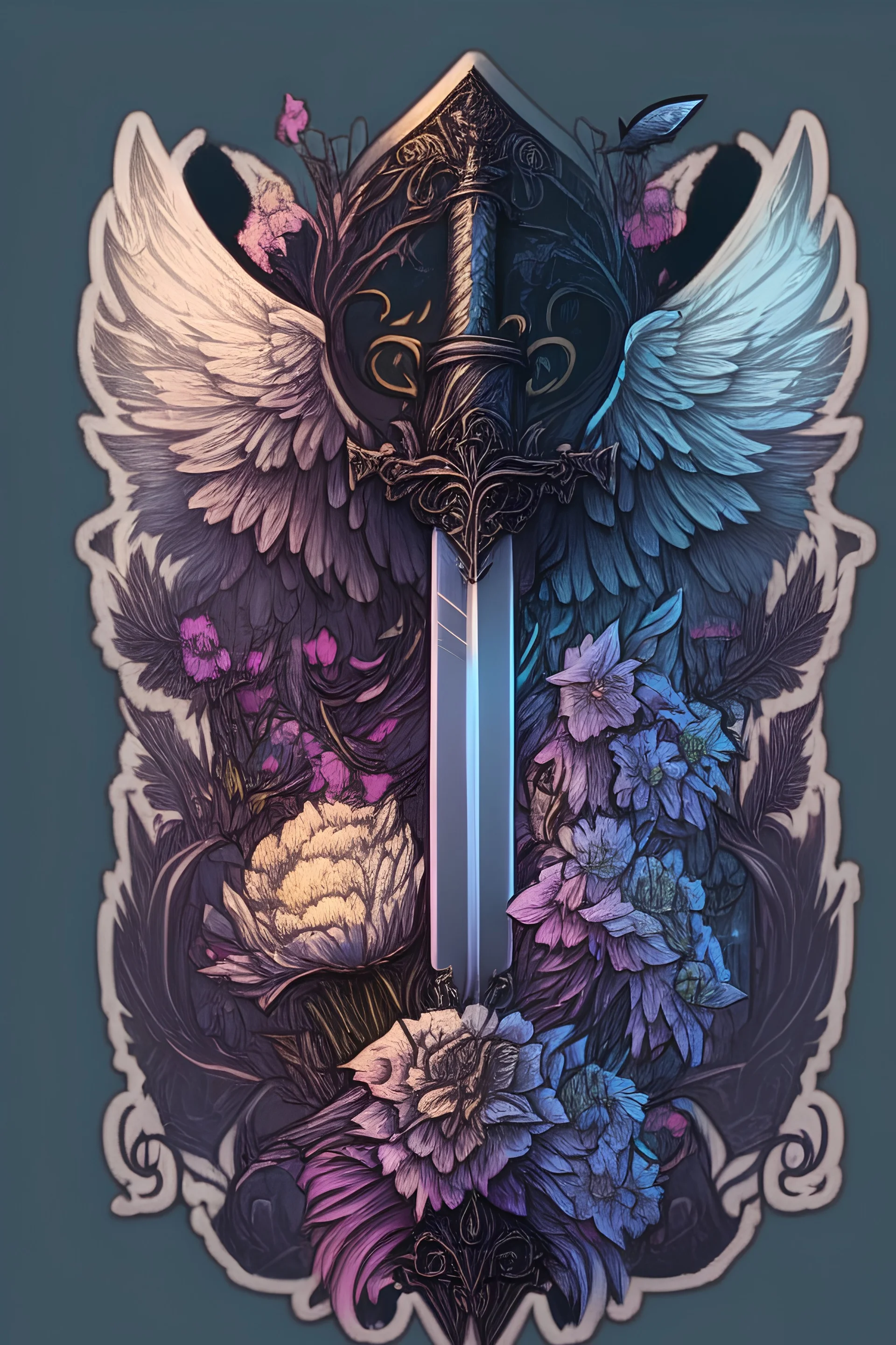 In the foreground, a sword. In the background, beautiful flowers, two big evil wings. In a dark fantasy style with gothic ornaments. make it for a sticker.