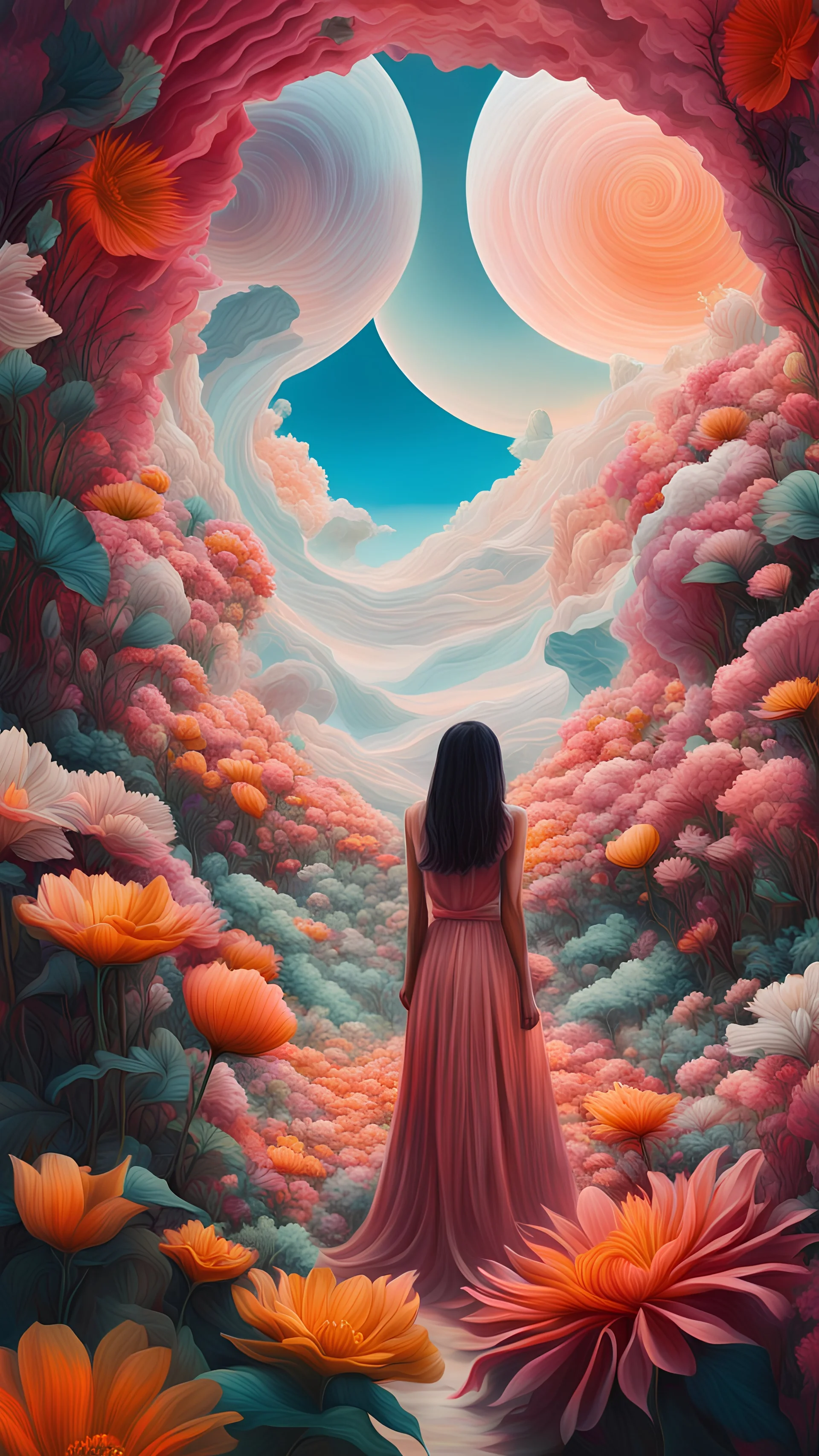 a surreal dreamscape where a woman is hiding inside the amidst oversized, luminous flowers and surreal landscapes. The scene could evoke a dreamlike atmosphere with distorted perspectives and vibrant, otherworldly colors