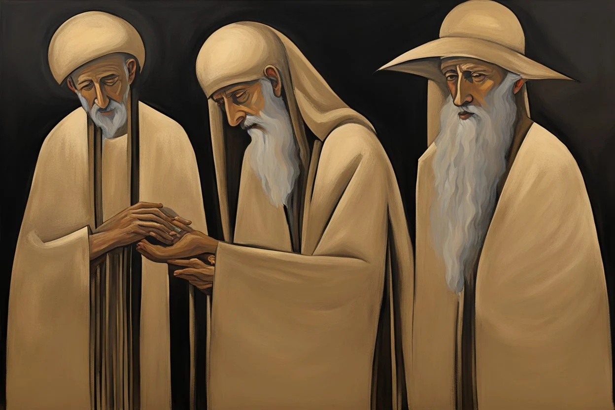 (three:2) determined ancient Jews (wearing Jewish jewelry:2), acrylic painting, minimal art, centered, wild sparse brushstrokes, amazing verticals, great parallels, low bleak colors of gold, beige and black, excellent negative space contrasts