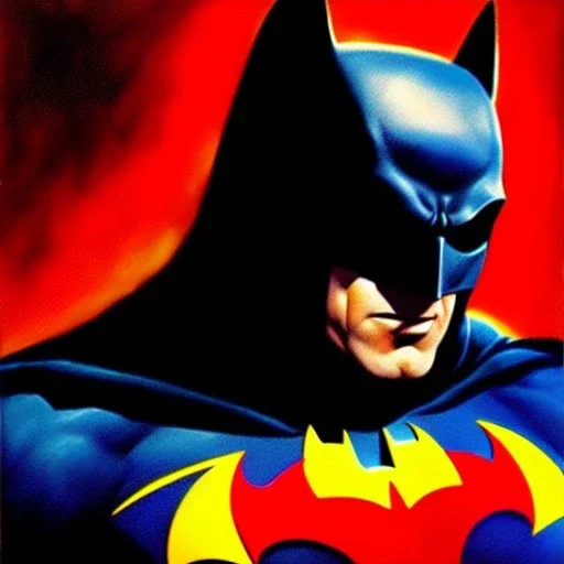 portrait oil on canvas, Batman,comic book cover, mystical colors,insanely detailed,realistic,intrincate detail, 16k resolution, masterpiece,Frank Frazetta,Alex Horley, Simon Bisley