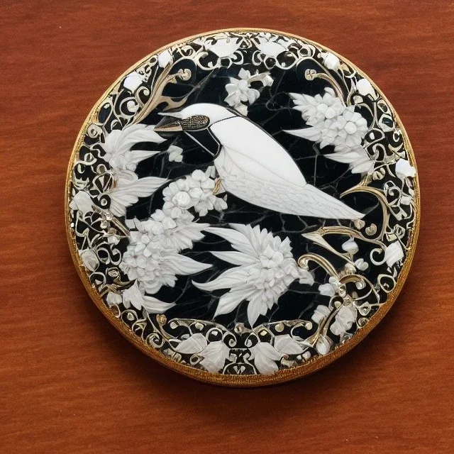 coaster of kingfisher ivory brooch with black pearl inlay, opalescent marble carving, decorative design, classical ornament, highly ornate, highly intricate, highly detailed etching, marble carving, warm lighting, linen backdrop