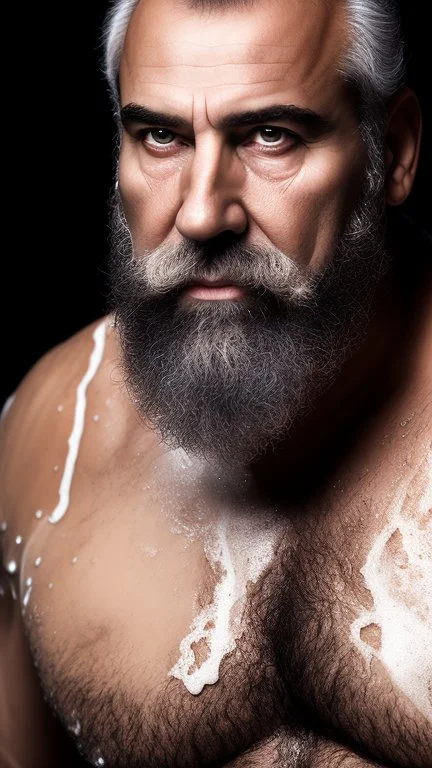 portrait photography of a burly italian man 58 years old into a bath full of milk, unshaved, manly chest, muscular beefy, angry eyes, top view, photorealism, 35mm lens