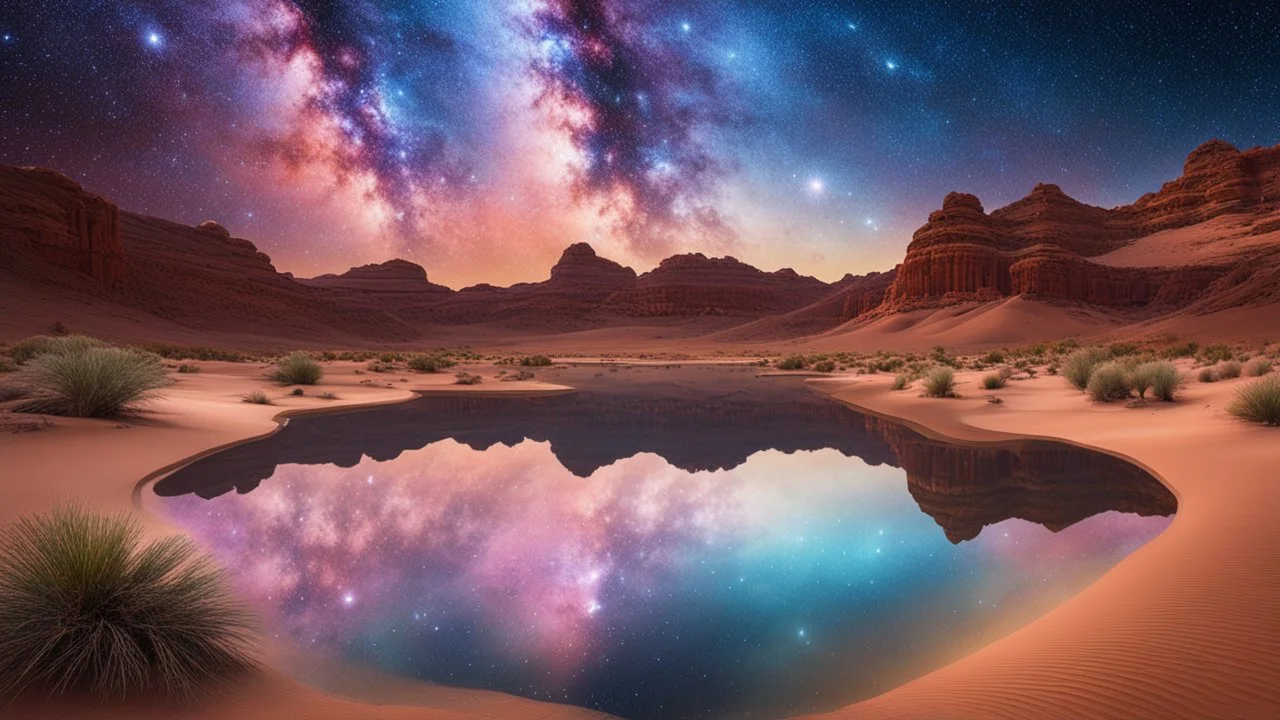 A serene desert oasis under a sky filled with swirling galaxies and nebulae, where the water in the oasis reflects the cosmos above, creating a mirror of stars and colors