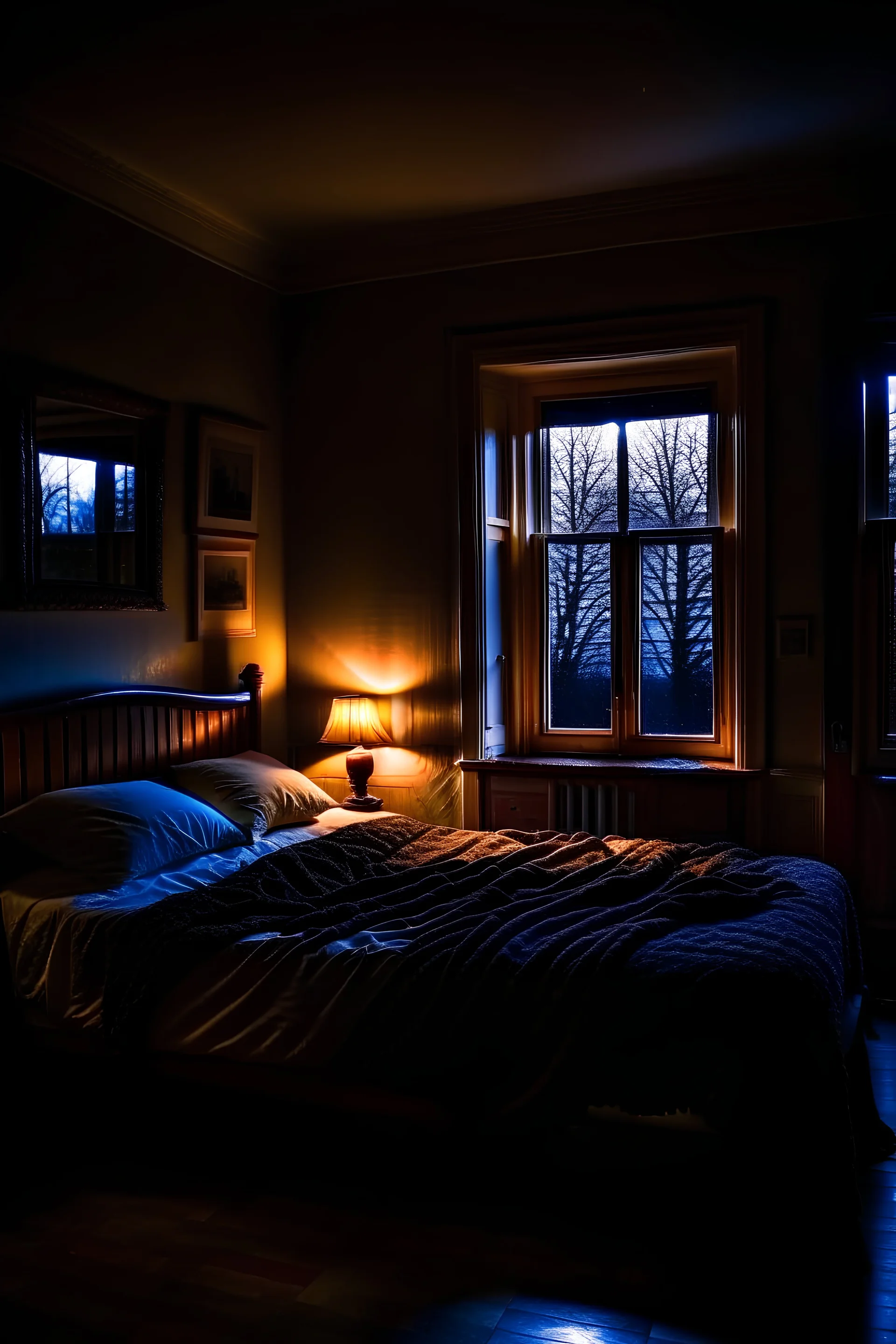 A dimly lit room with a comfortable bed and a big window .