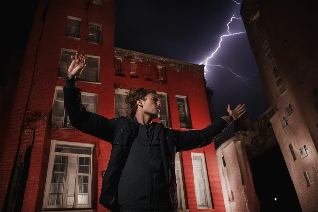 A young man standing, with arms raised, in front of a building at night, with red fork lightning