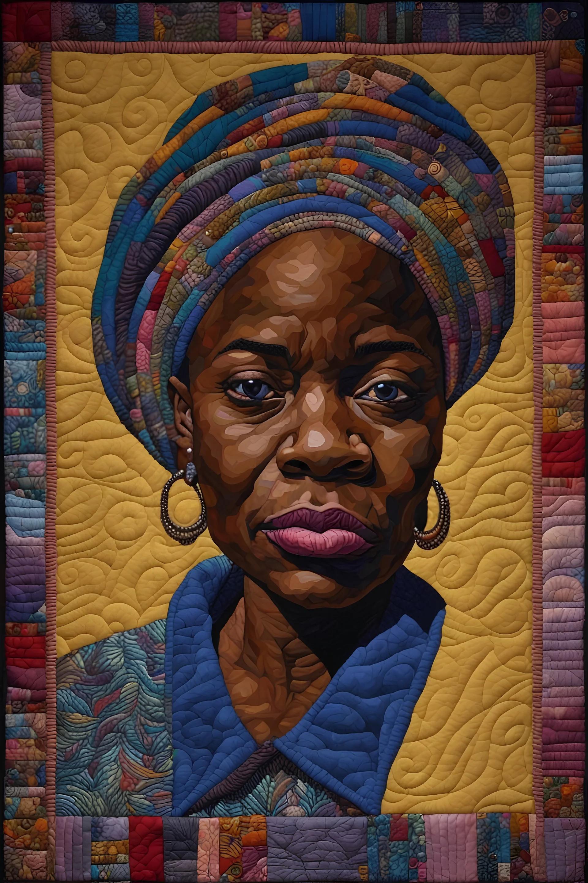 A textile portrait, quilting, fabrics, by artist "Bisa Butler"