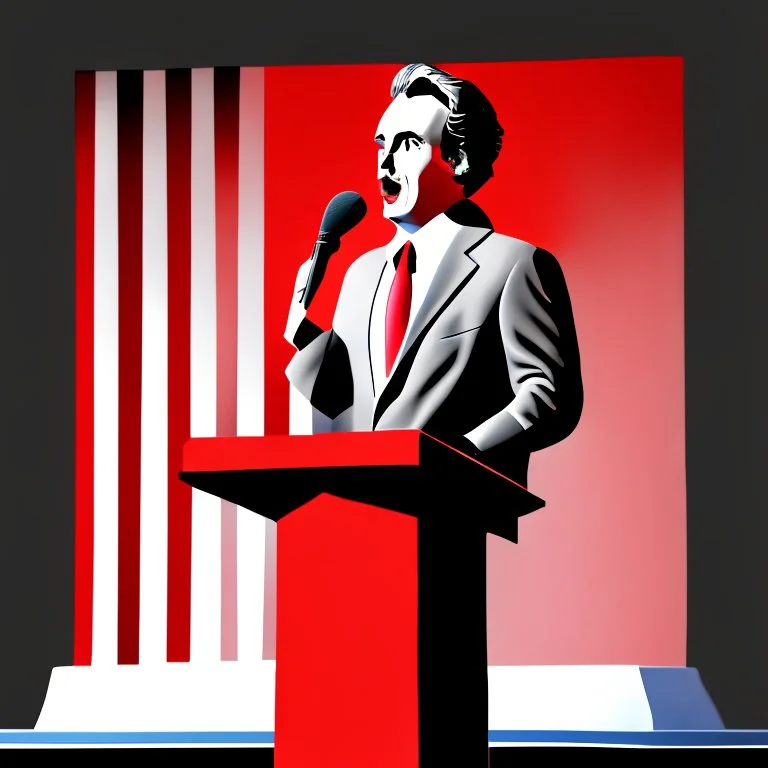 vector illustration man with a 50 centimeter long nose speaking at a lectern with microphone, (((black background))), white, black and red colors