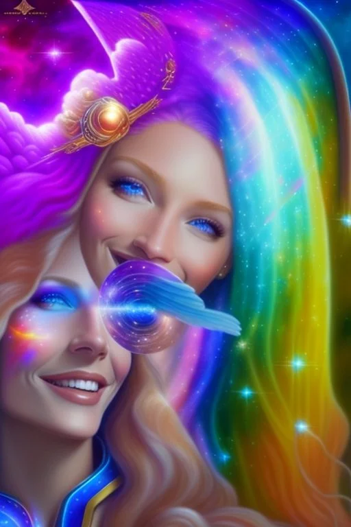 cosmic woman angels smile, admiral from the future, one fine whole face, crystalline skin, expressive blue eyes,rainbow, smiling lips, very nice smile, costume pleiadian, Beautiful tall woman pleiadian Galactic commander, ship, perfect datailed golden galactic suit, high rank, long blond hair, hand whit five perfect detailed finger, amazing big blue eyes, smilling mouth, high drfinition lips, cosmic happiness, bright colors, blue, pink, gold, jewels, realist, high commander,ufo rainbows