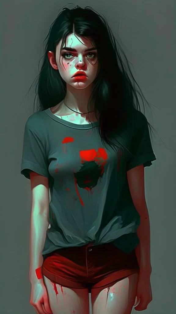 generate a full-length girl with gray-green sad eyes, with dark hair above the shoulders, a round face, not very plump lips, in a black T-shirt with a red print, short shorts, blue socks