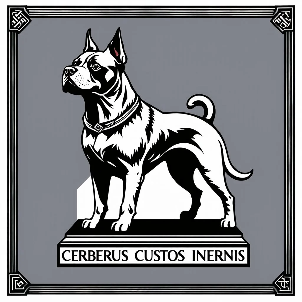 perro cerbero estilizado antiguo con un marco elegante con runas y el nombre "cerberus custos infernis" en la base, todo en escala de grises, nada de color,