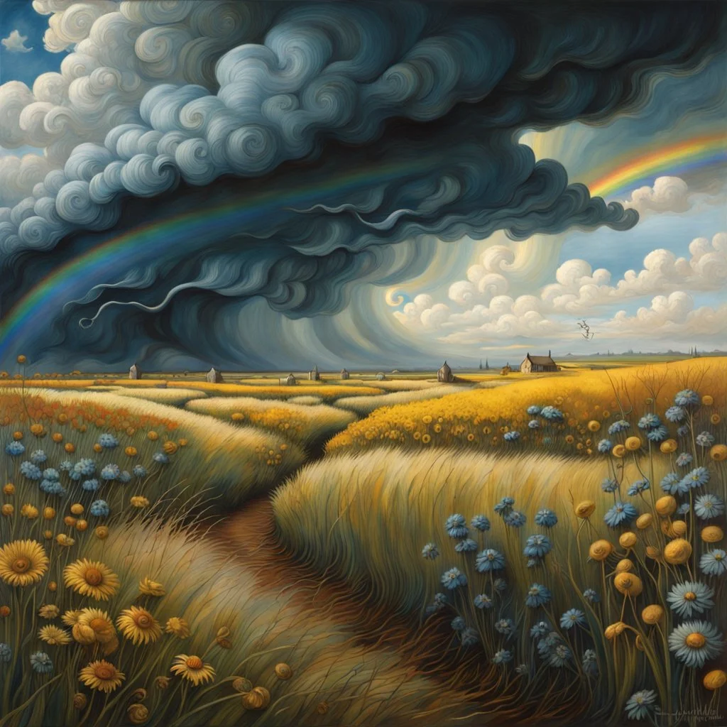 A collaboration between Salvador Dali, Vincent Van Gogh, and Jean Baptiste Monge. Swirling rainbow storm clouds over a vast field of long grass and plentiful flowers swaying in the winds. Modifiers: highly detailed elegant extremely detailed fantasy intricate high detail fantastic view close up ultra detailed
