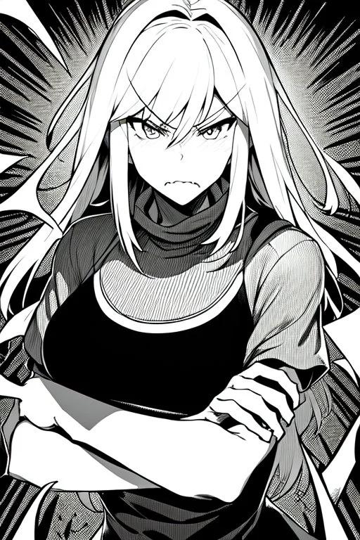 angry blonde girl, angry pose, greyscale