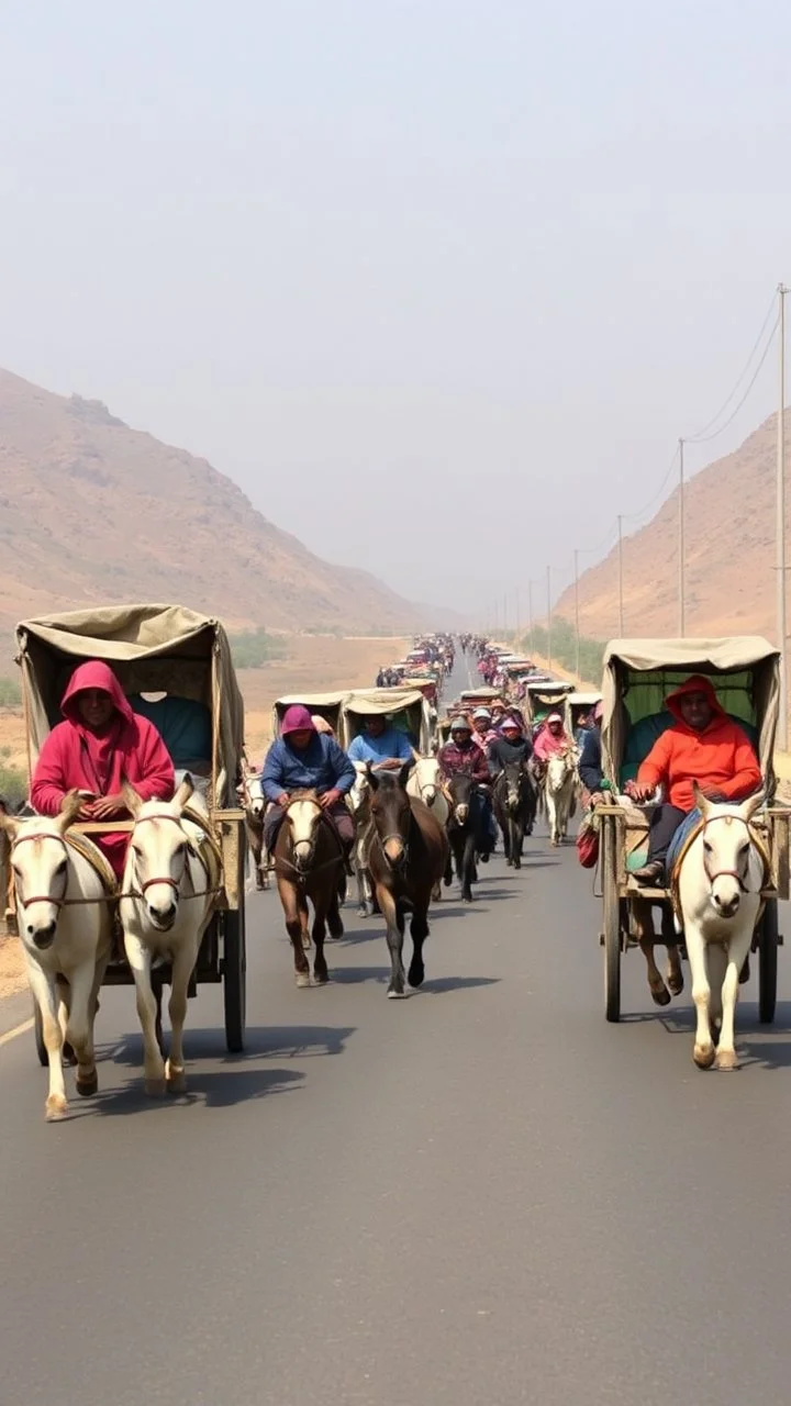 ‏قافله من المهاجرين في الطريق مع عرباتهم وحميرهم