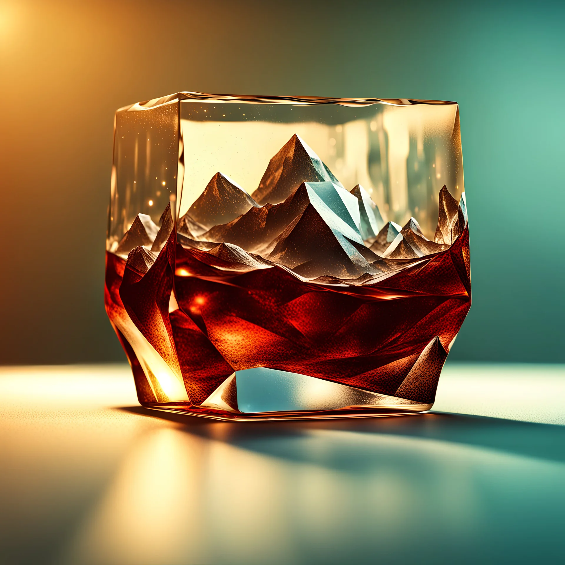 big ice cube shaped like extremely low poly mountain floating in glass filled with cola, photorealistic, strong bokeh