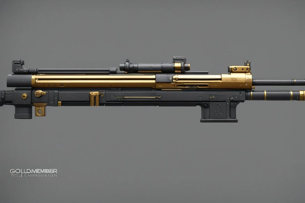 Goldmember rifle rail gun double cannon with bayonets munition belt Original concept design rendering with Blender, Substance painter, Photoshop, Marmoset toolbag 22.7k tris, 21.4k vertices, 4k textures. in a sci-fi armoury