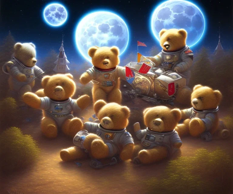 little boy and big teddy bears on moon. oil on canvas