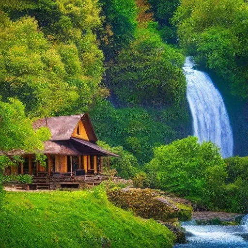 a house with trees and waterfall