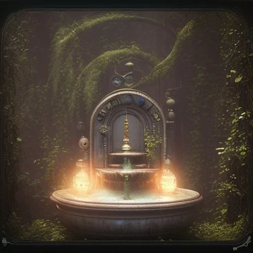 a fairy fountain, scary, steam punk, realistic, made in octane, cinematic, ultra-realistic, extremely detailed octane rendering, 8K, VRAY Super Real ar 2:3, dof photorealistic futuristic 50mm lens hard lighting dark gray tintype photograph, realistic lighting, sepia color