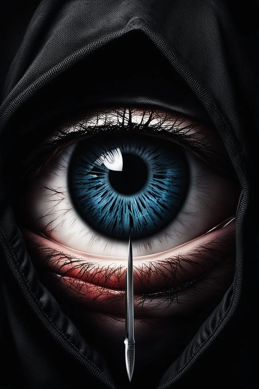 The image vividly captures a close-up of a human eye with the reflection of a hooded figure holding a knife. Dramatic, volumetric lighting on the face, scary, the scene is filled with tension, emphasizing the sharp contrast between fear and evil. The detailed reflection of the hooded killer figure in the tearful eye conveys a deep sense of impending fateful encounter and a tense, terrifying, thriller atmosphere.