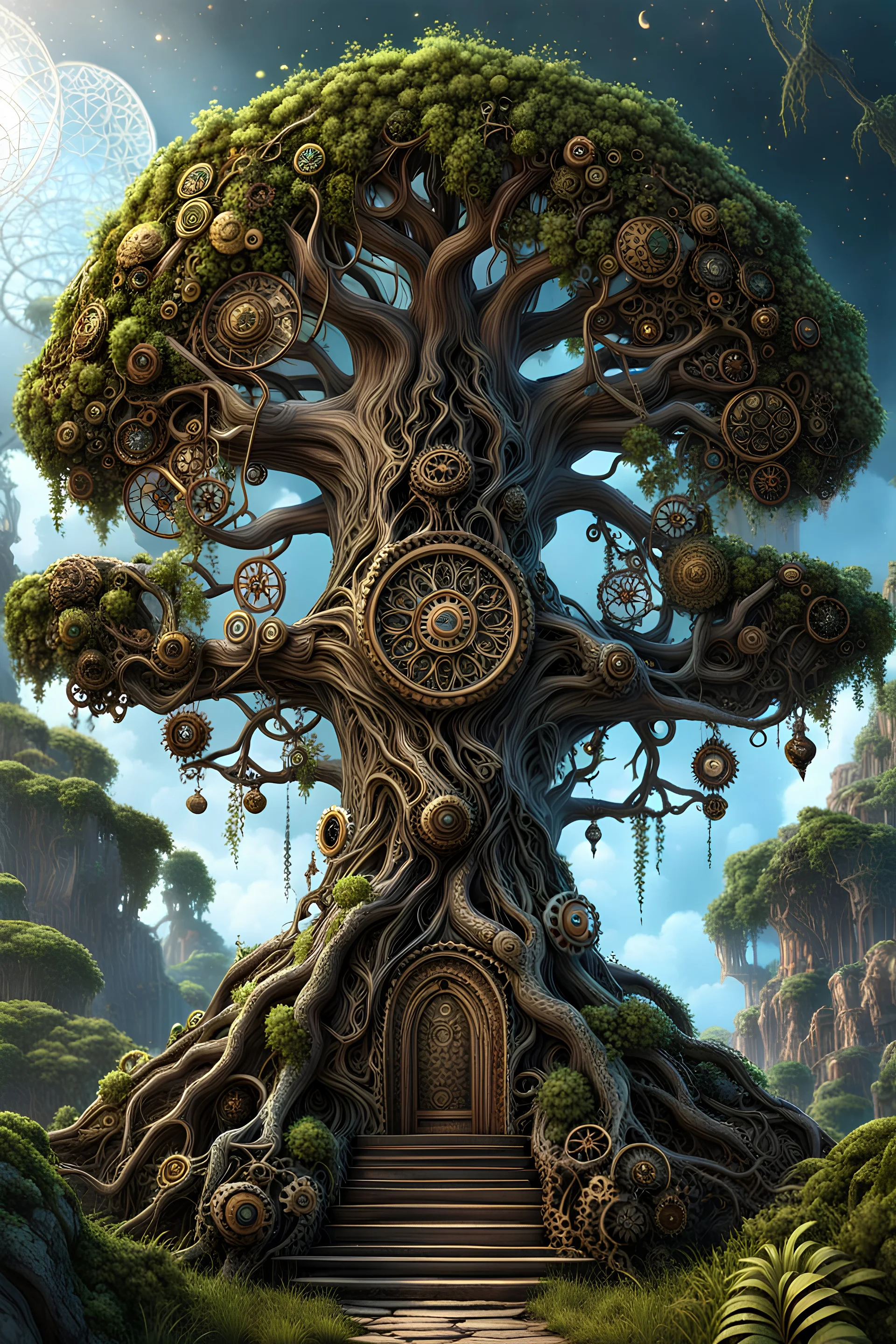 Expressively detailed and intricate 3d rendering of a hyperrealistic “tree”: avatar movie, shinning, glossy, vines, baroque ornament details, ancient flower detail, cog, steampunk, 4K, cosmic fractals, dystopian, dendritic, stylized fantasy art by Kris Kuksi, artstation: award-winning: atmospheric: commanding: fantastical: clarity: 16k: ultra quality: striking: brilliance: stunning colors: masterfully crafted.