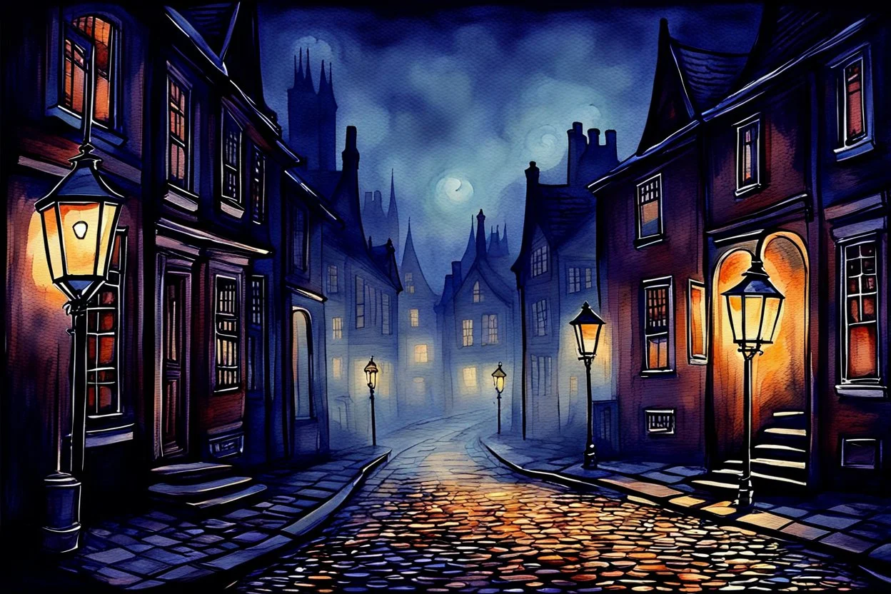 Prompt: a lantern glowing softly on a cobblestone street, mist swirling, with old Victorian houses lining the path, watercolor, mysterious, nocturnal