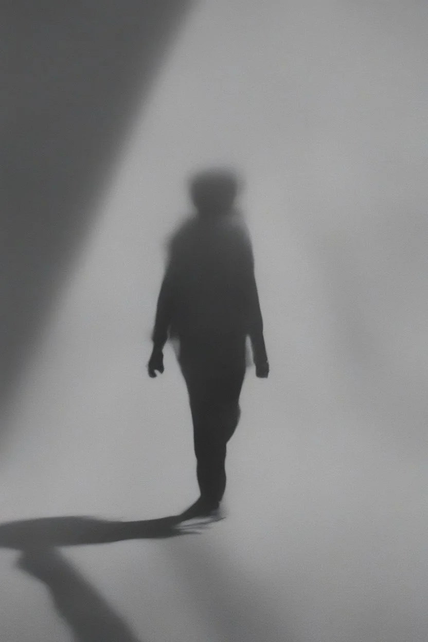 a distressing image of a person walking, shadow trailing them, but the shadow is psychotic