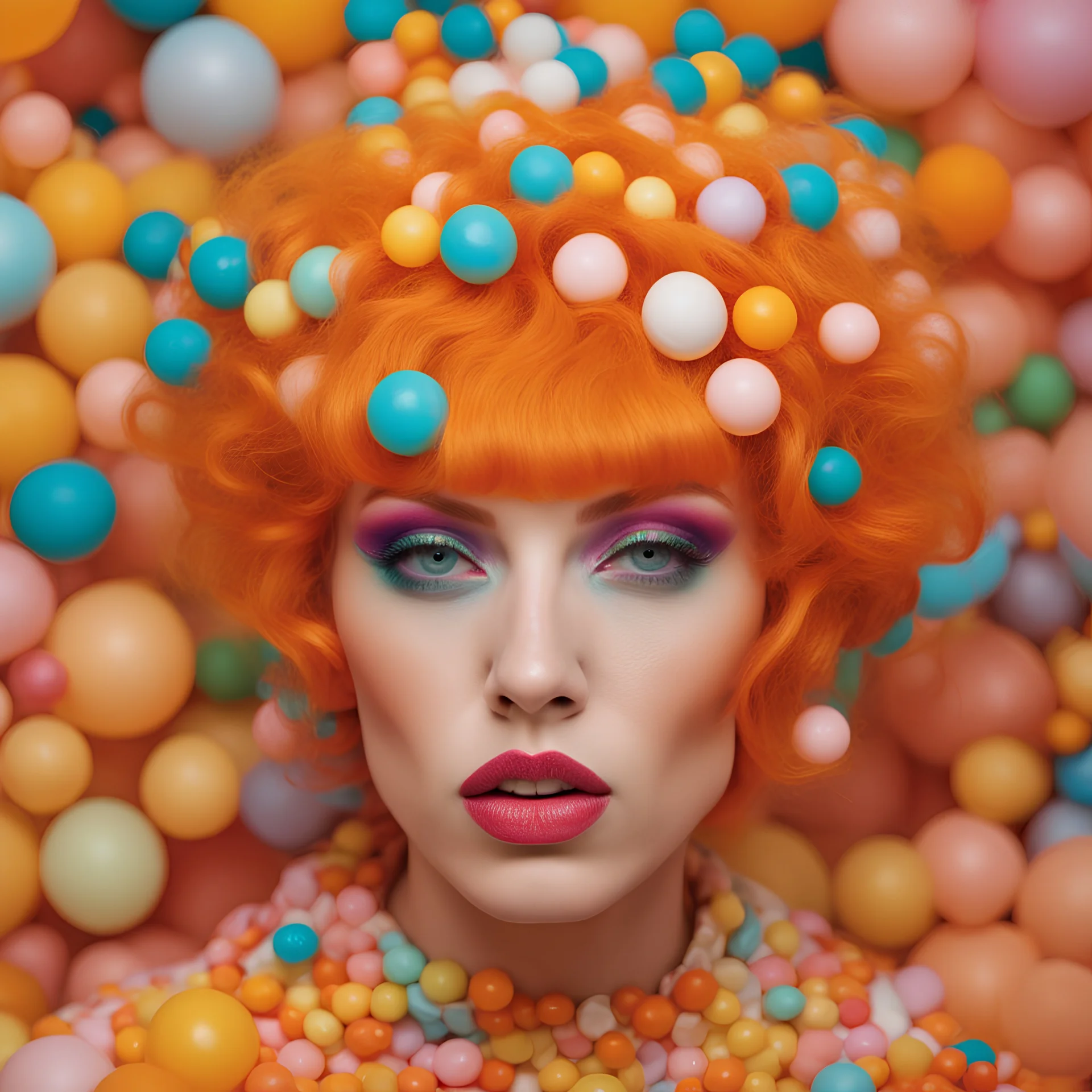 a close up of a woman with orange hair, in a candy land style house, fashion editorial, multicolored faces, inspired by John Nelson Battenberg, karim rashid, by Victor Nizovtsev, adrian borda, dichromatism, psychedelic interconnections, neo-classicism, circus clowns, artgerm and patrick demarchelier, bubble gum, by Robert C. Barnfield, shot with Sony Alpha a9 Il and Sony FE 200-600mm f/5.6-6.3 G OSS lens, natural light, hyper realistic photograph, ultra detailed -ar 3:2 -a 2 -s 75