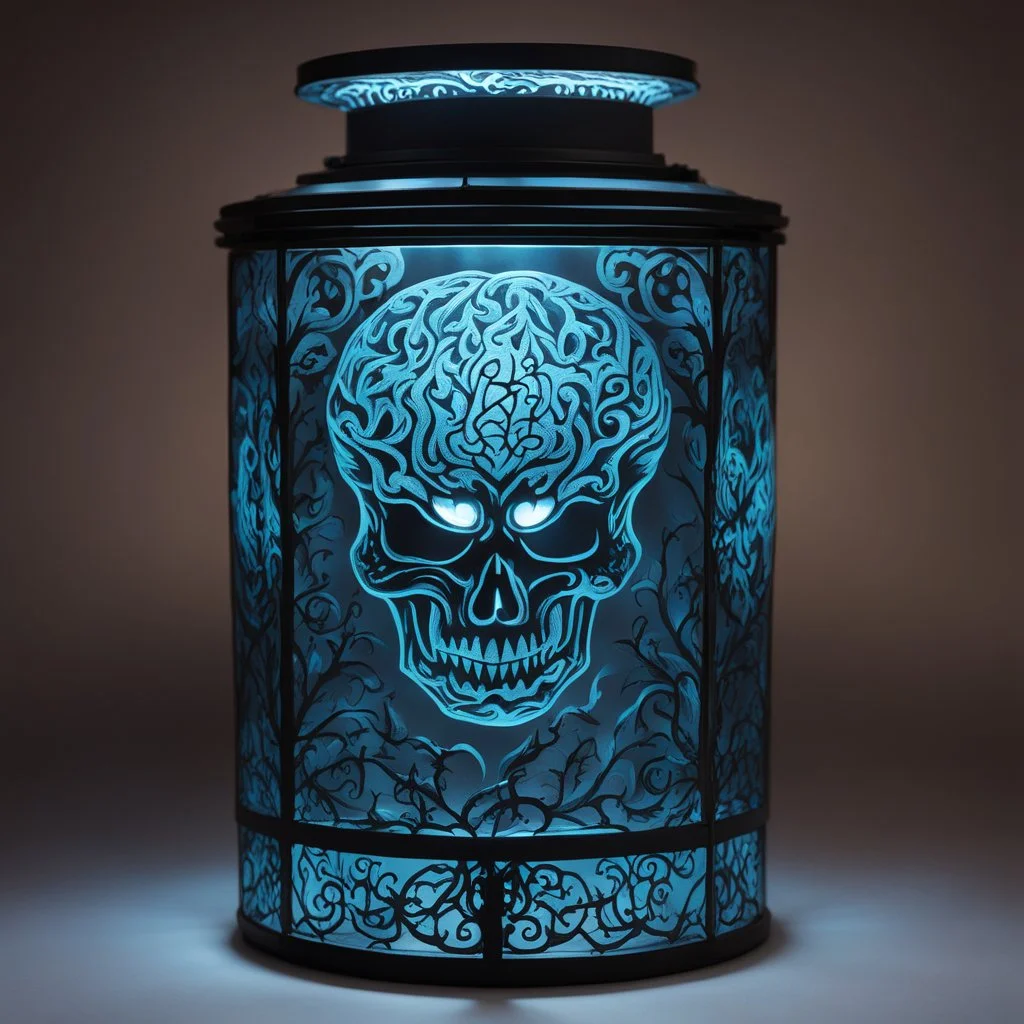 the tattooed killer lantern floats eerily, its glass exterior etched with intricate designs that seem to writhe and pulse with a life of their own. But what sets this lantern apart is the ghastly sight of a pulsating brain visible within, suspended in a macabre display of terror. The brain, tattooed with cryptic symbols and nightmarish images, throbs with a sickening rhythm, its presence both mesmerizing and disturbing. Each convulsion sends tendrils of light flickering through the lantern, cas