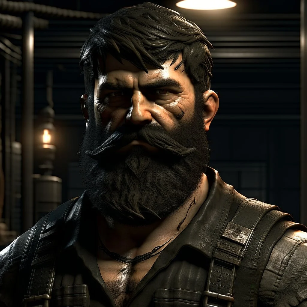 The large and furious black haired bearded badass factoryworker "Big K" grimdark realistic