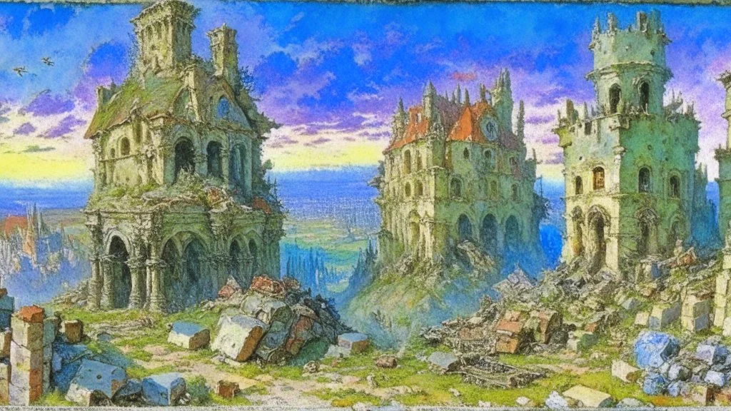 Destroyed City, medieval ruins, debris, stone, breched, brocken, Perspektiv from the sky, by Jean-Baptiste Monge, Ivan Bilibin, Albert Bierstadt, Reza Badrossama, watercolor, intricate details, fantasy, beautiful, oil on canvas, award winning, imperial colours, fantastic view, radient colours, very attractive, crisp quality