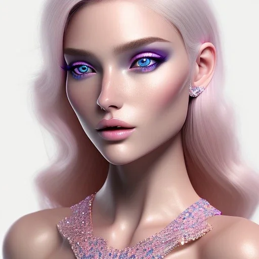 wonderful subtile face , beautiful, soft, blues eyes, smilinglong straight blonde hair, transparente pink crystal clothes, hight definition, 8k