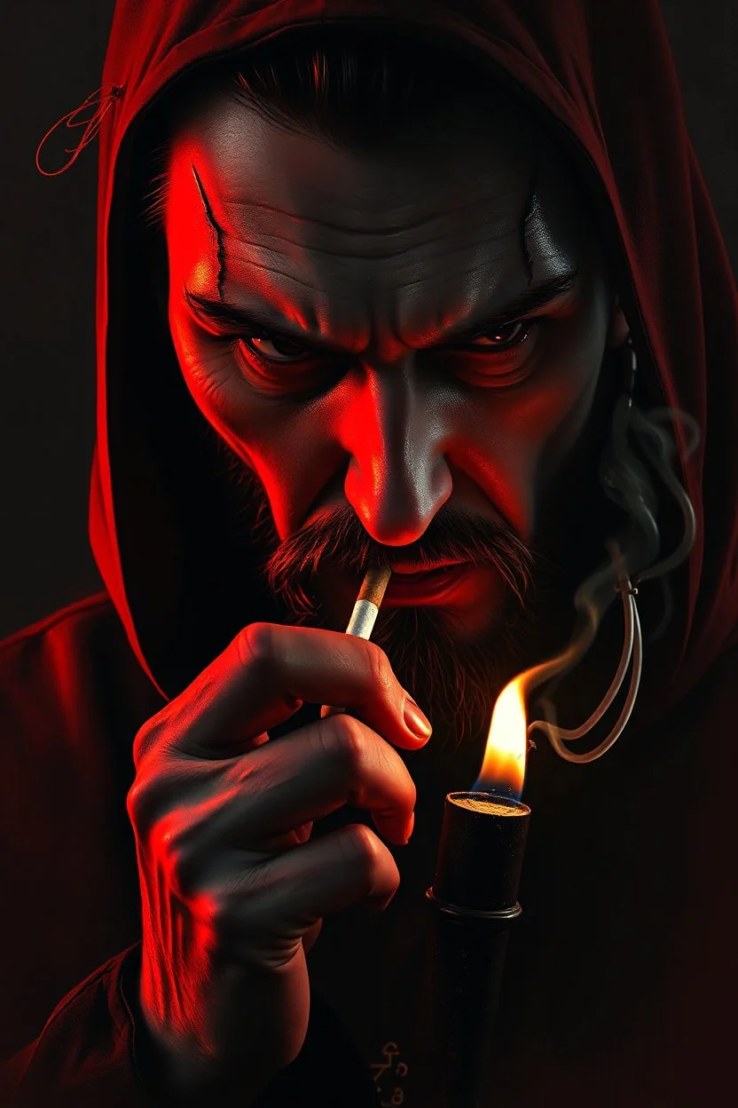 super close up view of an attractive but rugget looking gothic priest,he holds a burning sigarette while deep in thought , dark and somber vignette effect of lighting, style is dark and intense, with a blend of realism and abstraction. It uses a dramatic red and black color palette, textured brush strokes, and high contrast lighting to create a mysterious, haunting, and almost surreal atmosphere, highly detailed and realistic