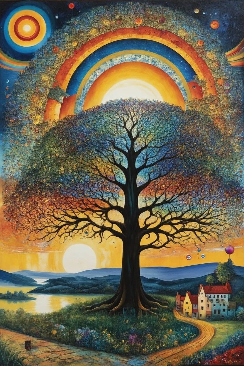 Tree of life; neo-surrealism; hundertwasser; Kandinsky; Golden Hour; Iridescent; Controversial; Supremely Detailed; Marvelous; Whimsical
