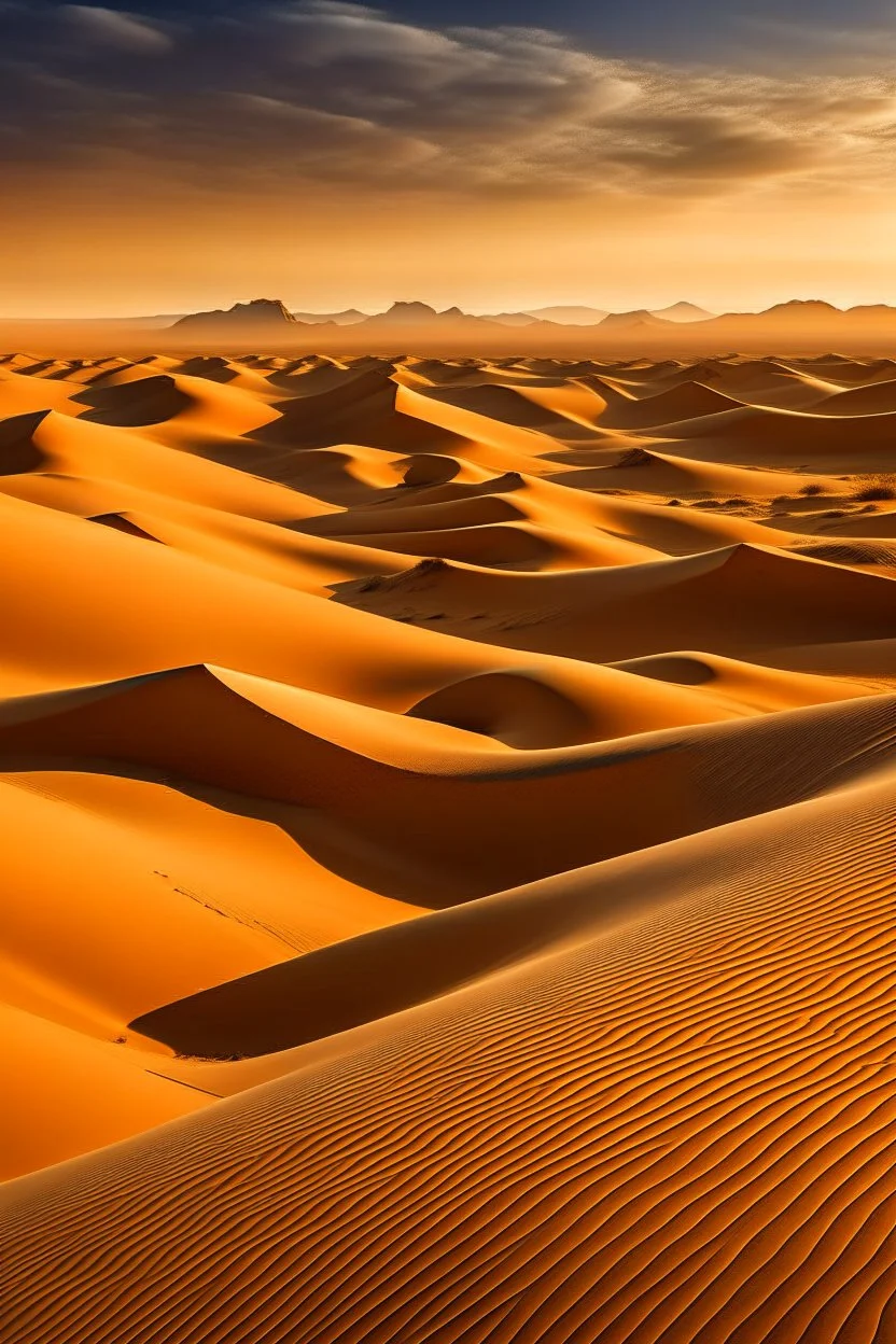 The iconic sand dunes of the Sahara Desert near Merzouga at sunset. Detailed, hyper-realistic rendering. The golden sand dunes stretch far into the horizon, their smooth curves seeming to glow under the fading sunlight. A caravan of camels can be seen in the distance, dwarfed by the immense scale of the desert.