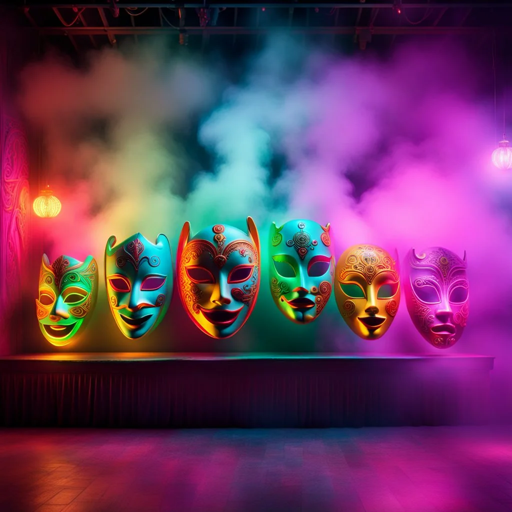 Hyper Realistic Photographic-View of Neon-Lighting-Comedy-Masks-Floating On A Cultural Stage with Cultural-Celebration & Cultural-Ornaments Wall Background With Fog showing Cinematic & Dramatic Ambiance.