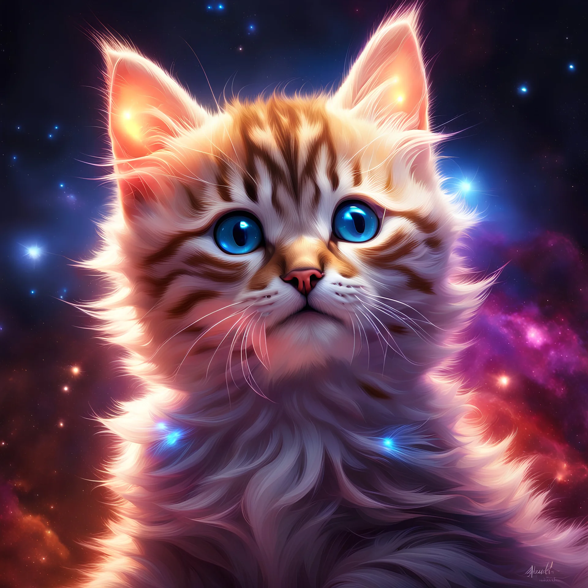 hyperdetailed, 4k, highres, Very cute happy bouncing astrophysical Kitten, Galaxy stars dual exposure inside a kitten - ethereal gold, blue red purple white radioluminescent floofy tabby kitten, eyecolour = gold Chromalithograph , by Aleksi Briclot by andreas rocha, Surrealcore, by GullyDJ, perfect composition, ultra-realistic, 8k