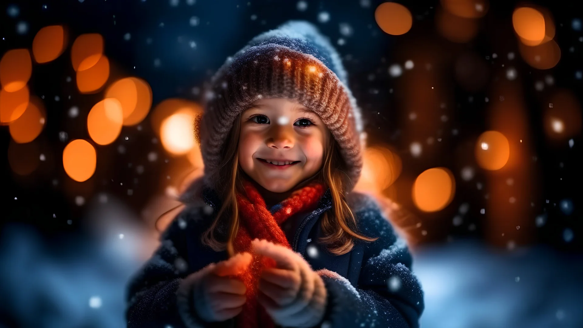 Little girl with christmas lights enjoying the holidays outdoors in snowfall. Happy cute child girl playing with Chistmas festive lights. digital ai