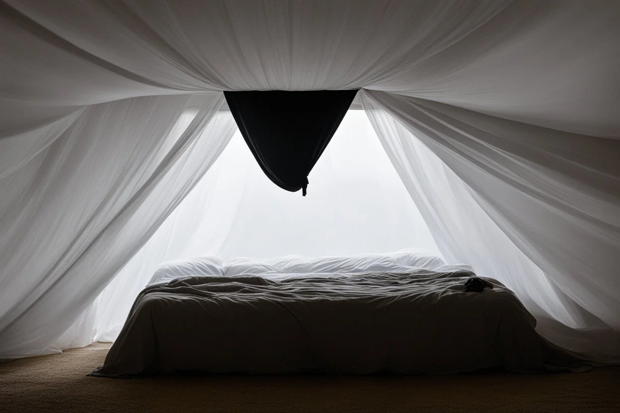 a silhouette in a bed, under the sheet, seen from the ceiling