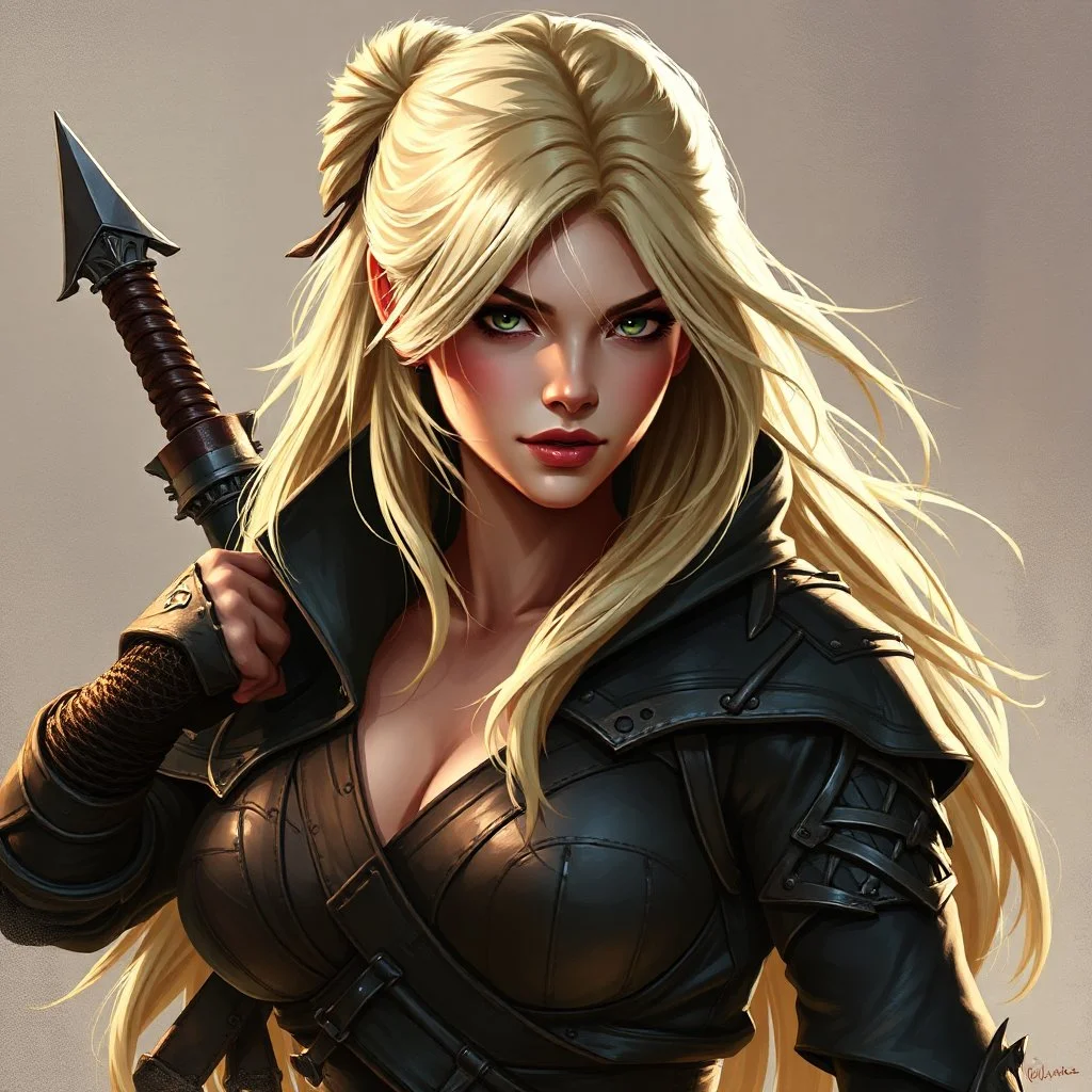 a blonde warrior woman, assassin, fantasy, medieval, digital art, stylised
