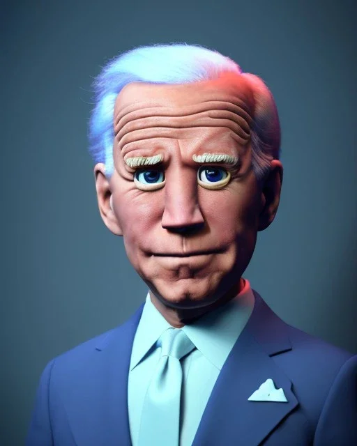 Waist up Portrait, joe Biden, muppet Sesame Street style, Blue suit retro style, photo studio, unreal engine 5, god lights, ray tracing, RTX, lumen lighting, ultra detail, volumetric lighting, 3d.