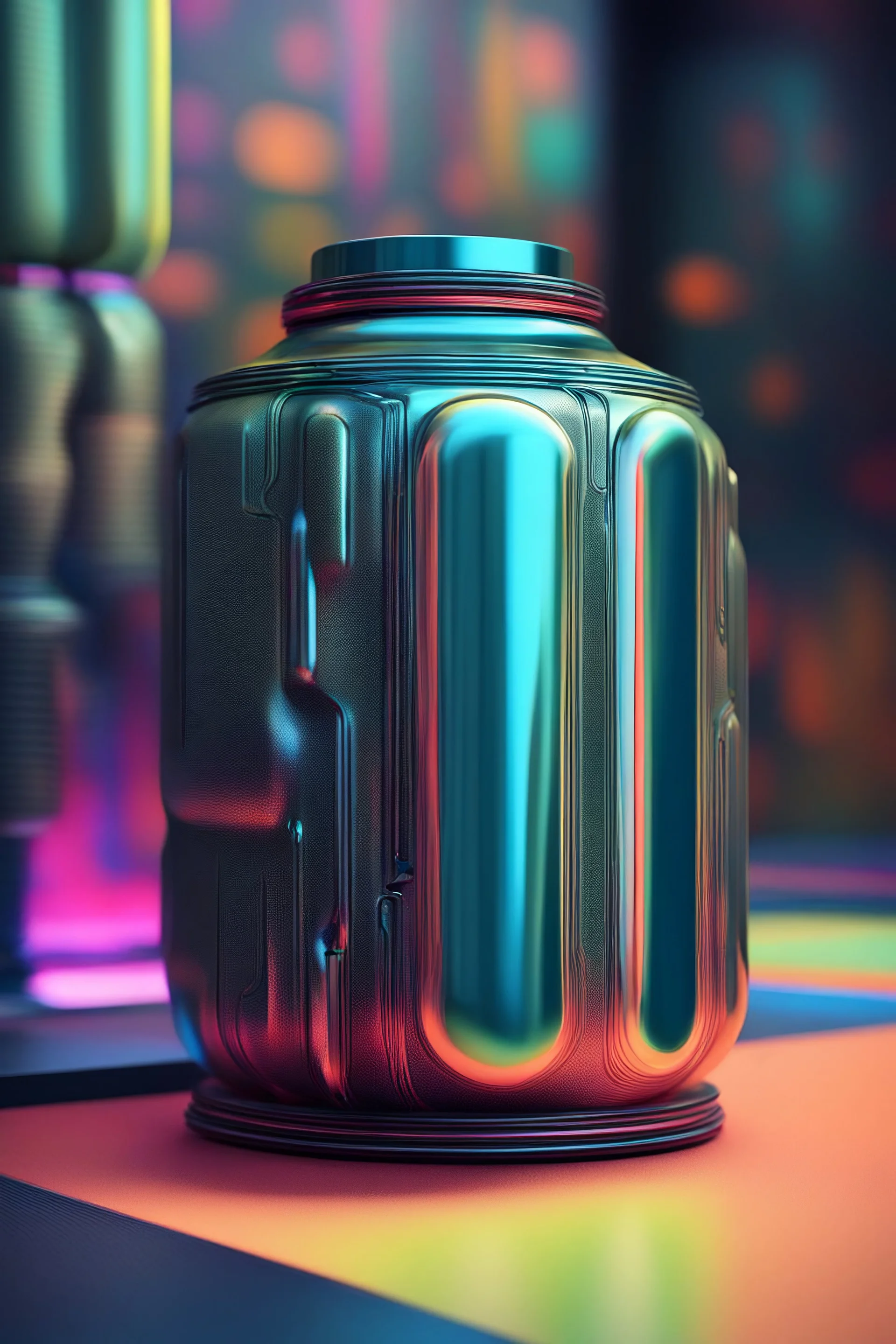 futuristic metal cannister with vibrant liquid inside