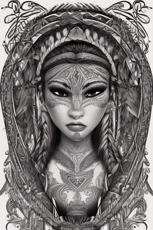  Portrait female Maori Chief silver filigree iron maiden rainbow Maori tribal tattoos, bow with arrows, full detail, 4k, style of Cosmopolitan