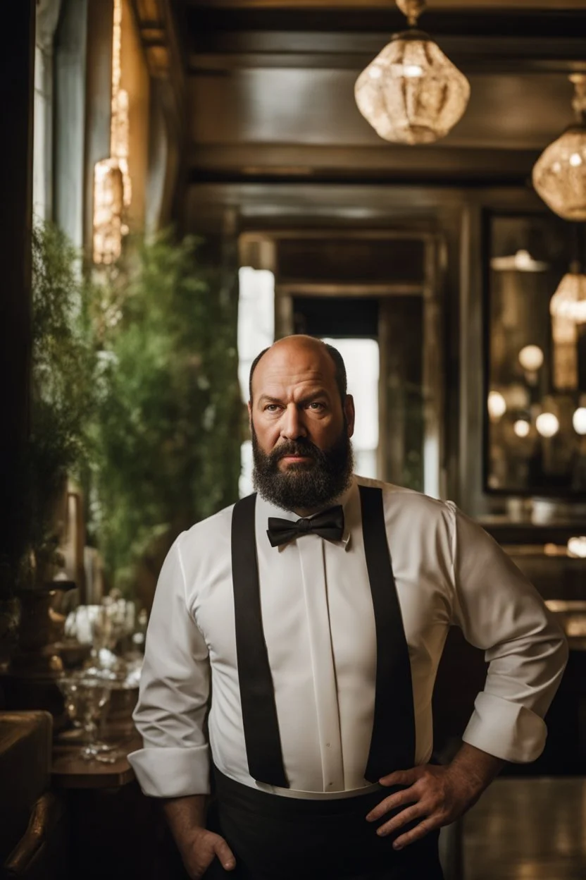 half figure shot photography of a 42 years old serious sicilian waiter in uniform, similar to Bud Spencer, shaved hair, muscular bearded strong chubby man with hands in the pockets, in an elegant empty restaurant, bulge, bullneck, manly chest, unshaved, short hair, photorealistic, dim light , side light, view from the ground