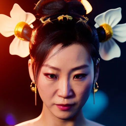 Chun-li underwater with yellow flowers for hair, closed eyes, rtx, reflection, 8k, glow, winning photography, caustics